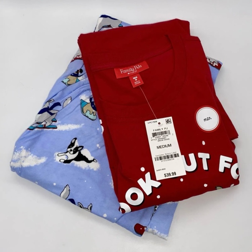 Family PJs Men’s ’Snow Dogs’ Blue Pants/Red Top Coordinated Set New! Size M - Picture 3 of 7